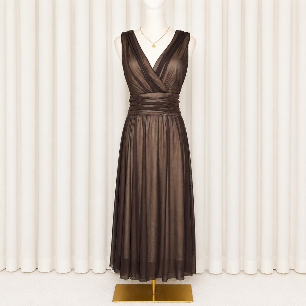Y2K Chocolate Brown Goddess Mesh Midi Dress